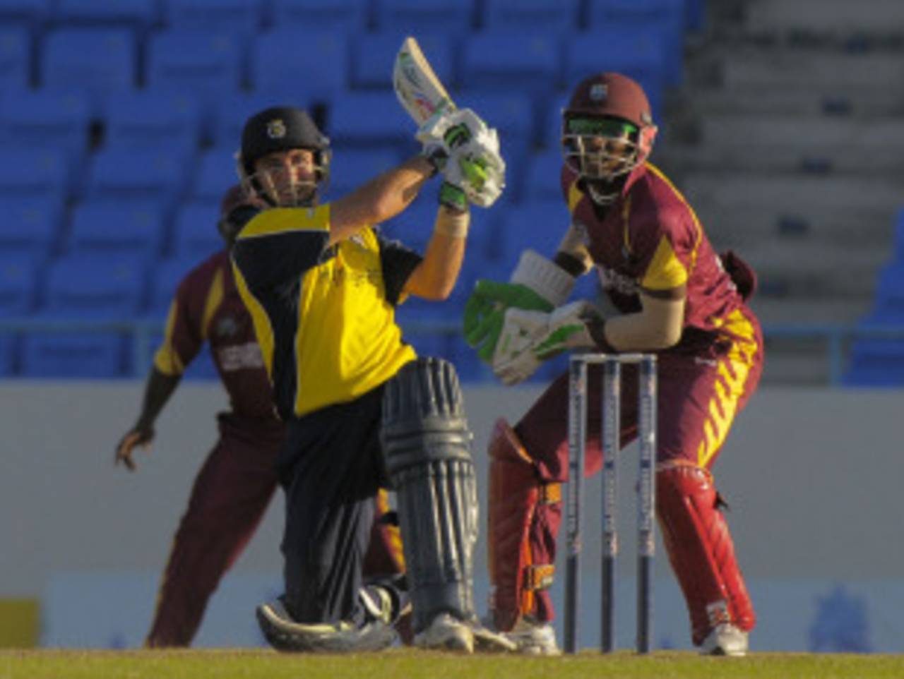 Johann Myburgh hits one of three consecutive sixes, Hampshire v Leeward Islands, Antigua, Caribbean T20, January 15, 2011 