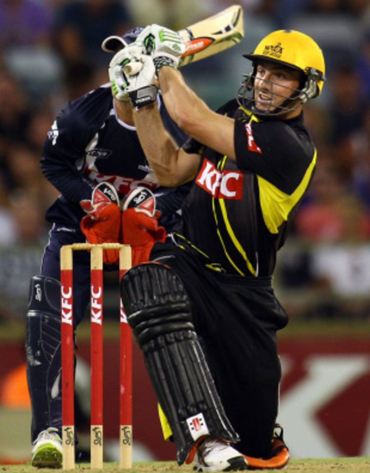 Shaun Marsh plays a slog sweep during his 93 off 59 balls, Western Australia v Victoria, Twenty20 Big Bash, Perth, January 18, 2011