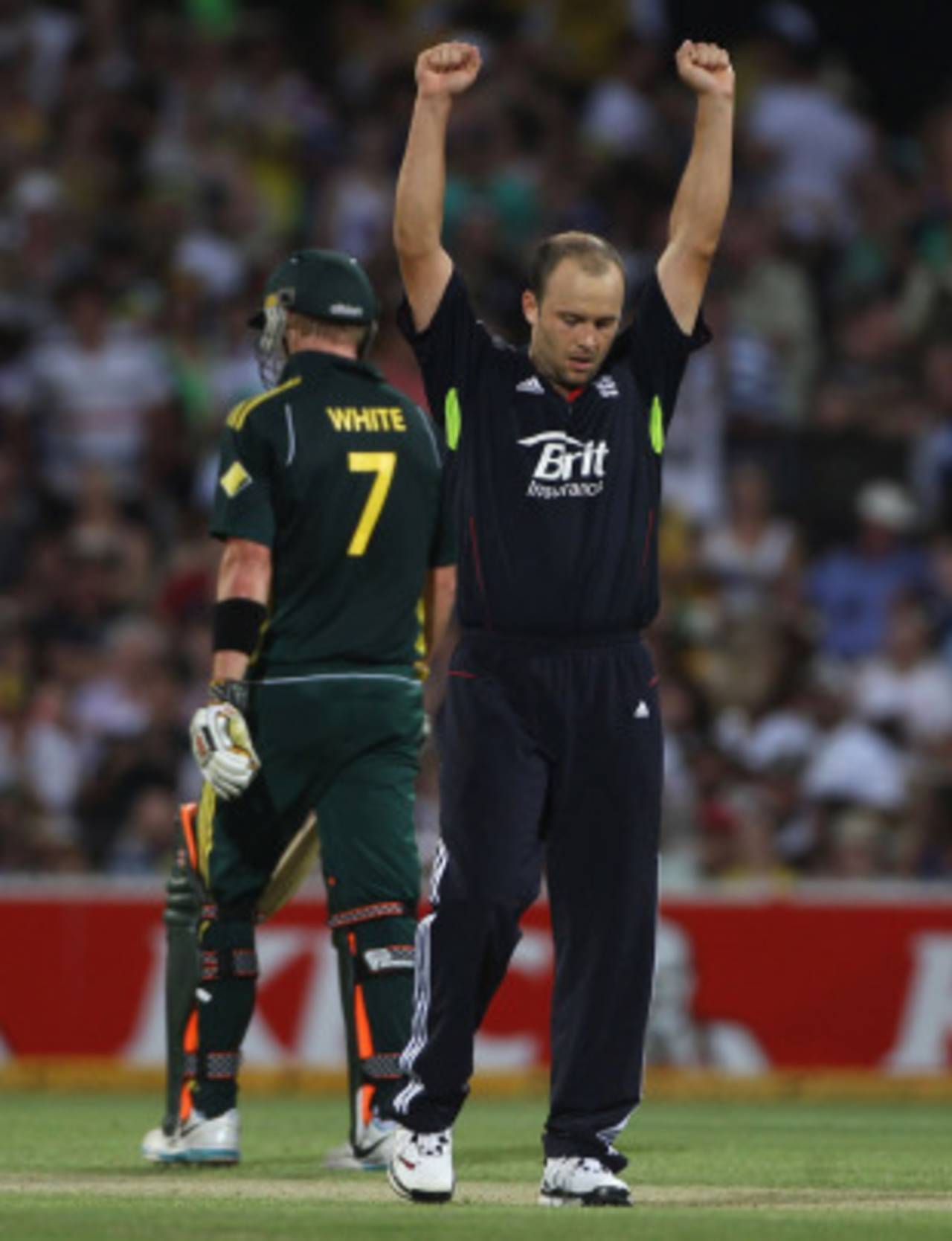 Jonathan Trott claimed 2 for 31 in seven overs, his maiden ODI wickets, Australia v England, 4th ODI, Adelaide, January 26, 2011