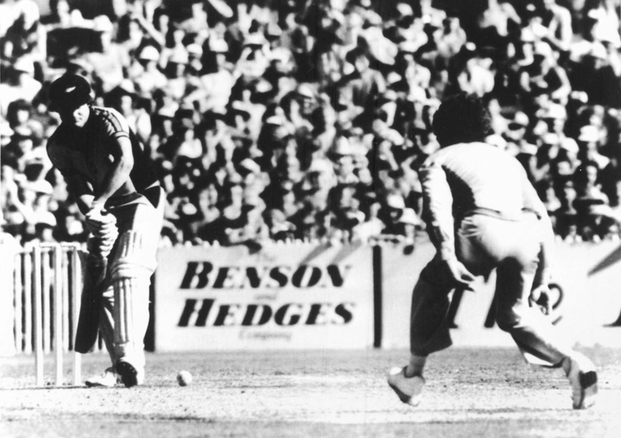 Trevor Chappell rolls the final ball of the match on the floor to prevent Brian McKechnie from hitting a six to tie the game, Australian v New Zealand, B&H World Series, Melbourne, February 1, 1981