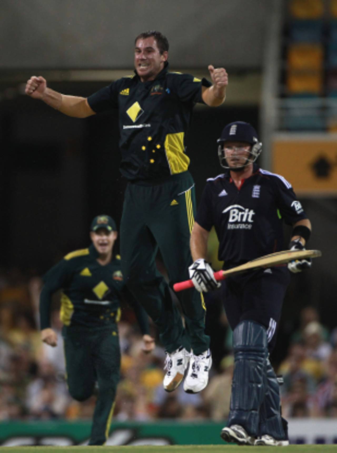 John Hastings jumps for joy at the fall of a wicket, Australia v England, 5th ODI, Brisbane, January 30, 2011
