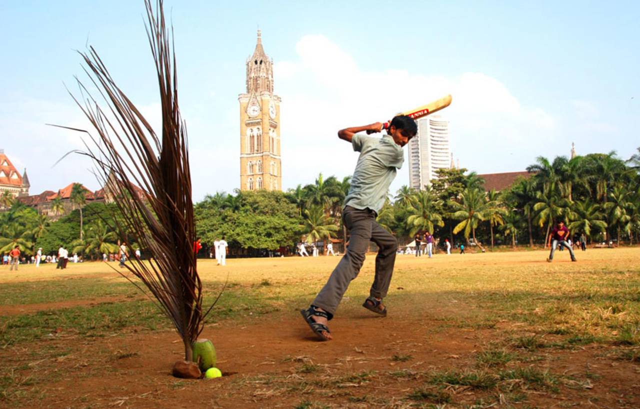 A coconut and a palm leaf make up the stumps at a local game at the Oval Maidan, Mumbai