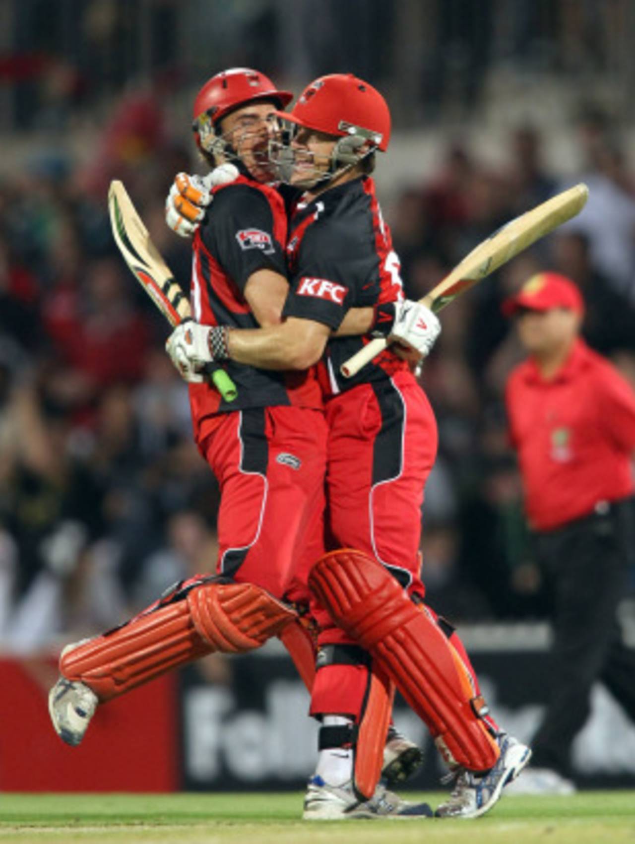 Cameron Borgas and Daniel Harris celebrate their title win, South Australia v New South Wales, KFC Twenty20 Big Bash final, Adelaide, February 5, 2011