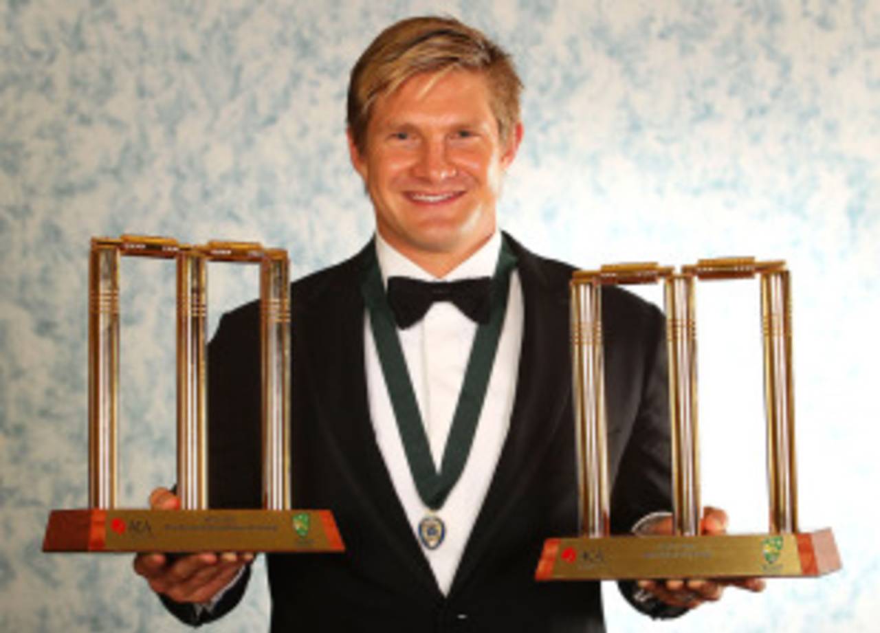 Shane Watson with his Test and One-Day International Player of the Year trophies and the Allan Border Medal, Melbourne, February 7, 2011