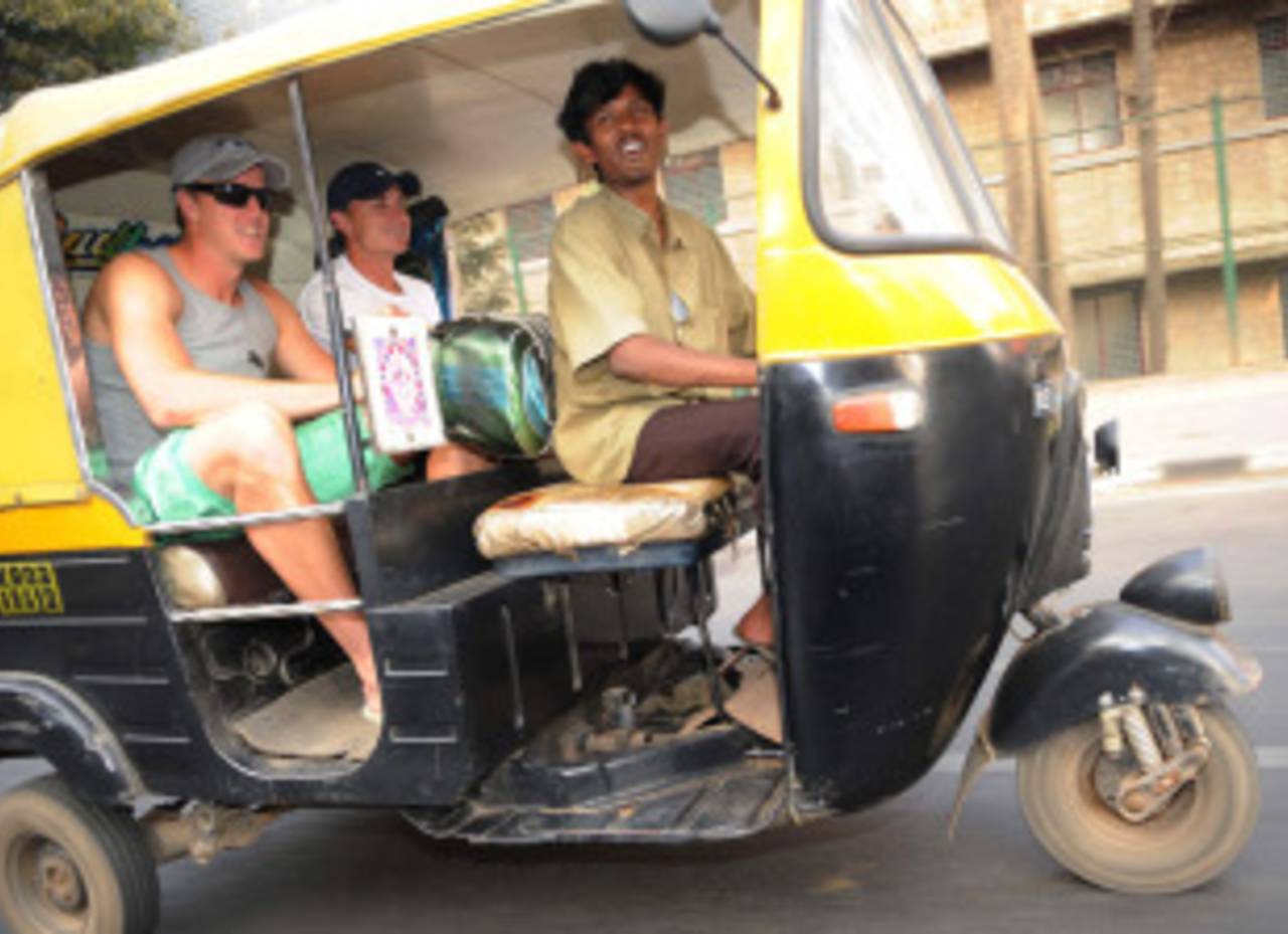 Dale Steyn and Morne Morkel enjoy an auto-rickshaw ride, Bangalore, February 17, 2011