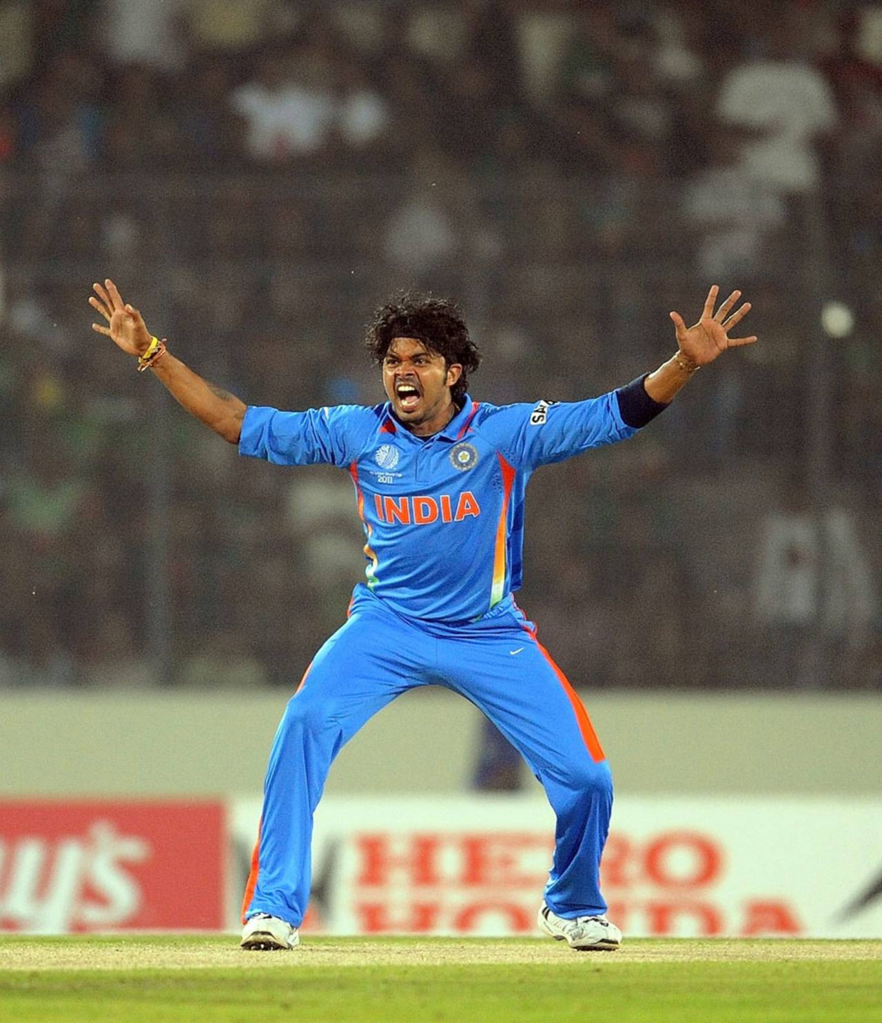 S Sreesanth unsuccessfully appeals for an LBW, Bangladesh v India, Group B, World Cup 2011, Mirpur, February 19, 2011