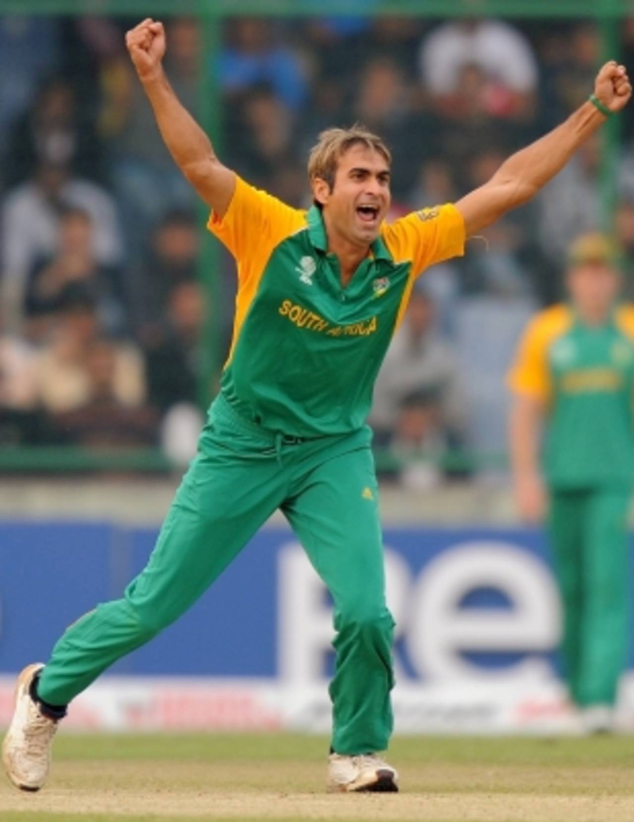 Imran Tahir celebrates the fall of a West Indian wicket, South Africa v West Indies, World Cup, Group B, Delhi, February 24, 2011