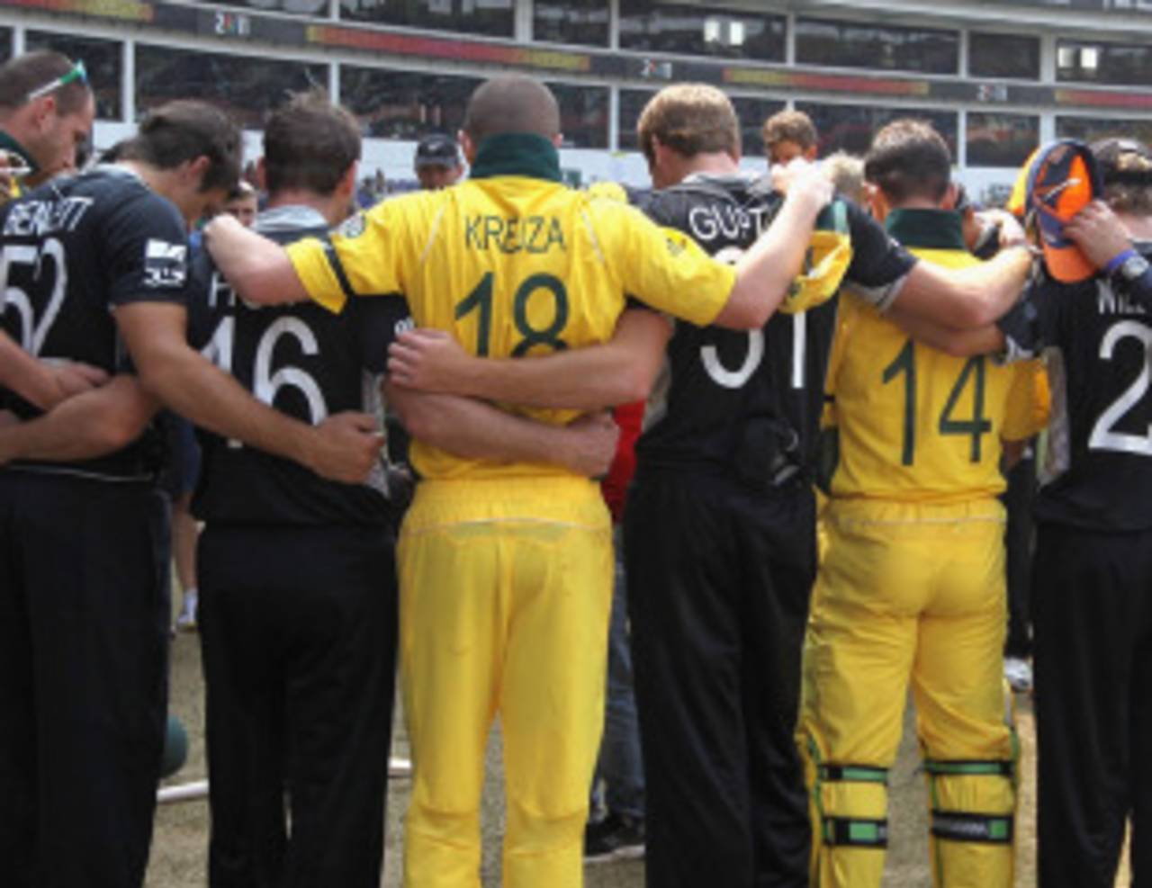 Australia and New Zealand stand together in memory of the victims of the Christchurch earthquake, Australia v New Zealand, Group A, Nagpur, February 25, 2011