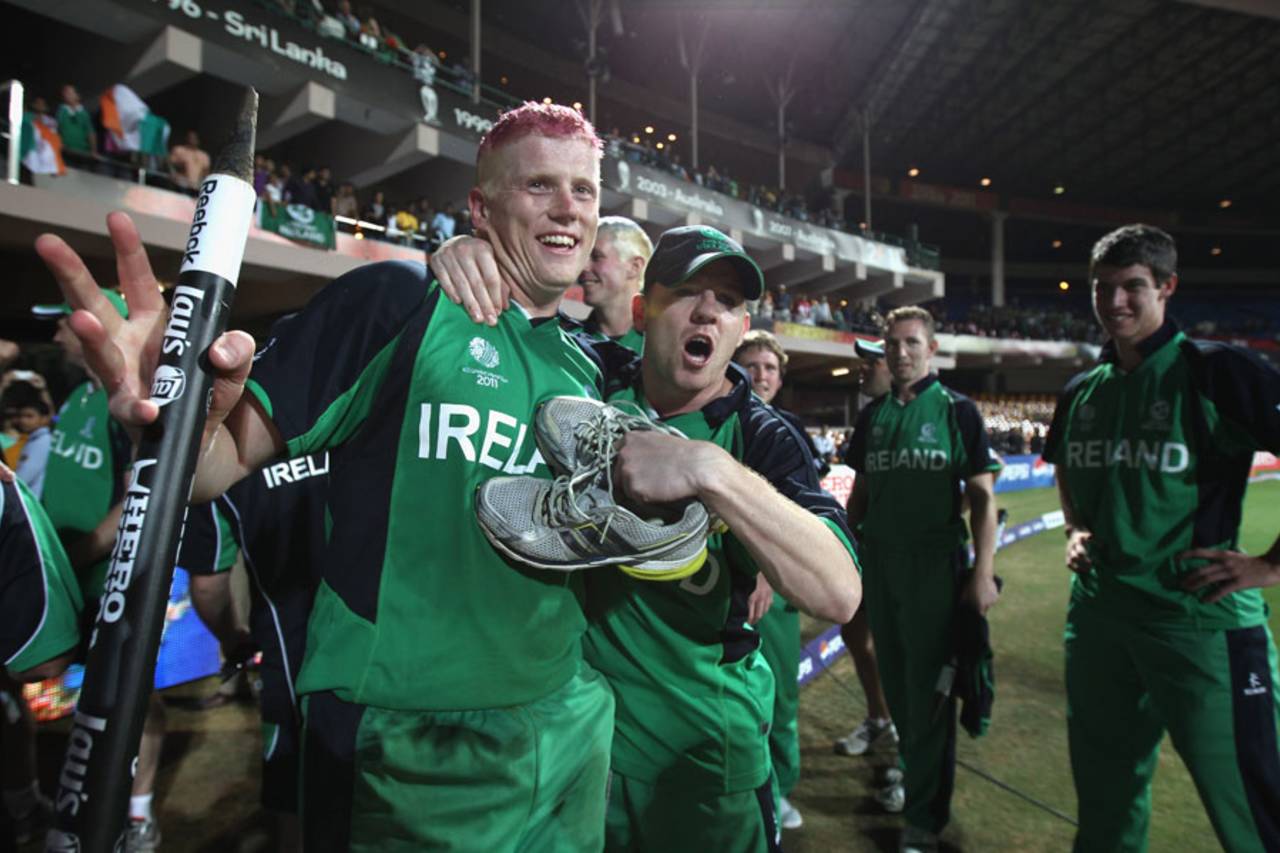 Emerald is the new pink: Kevin O'Brien and his team-mates celebrate their win over England in 2011&nbsp;&nbsp;&bull;&nbsp;&nbsp;Getty Images