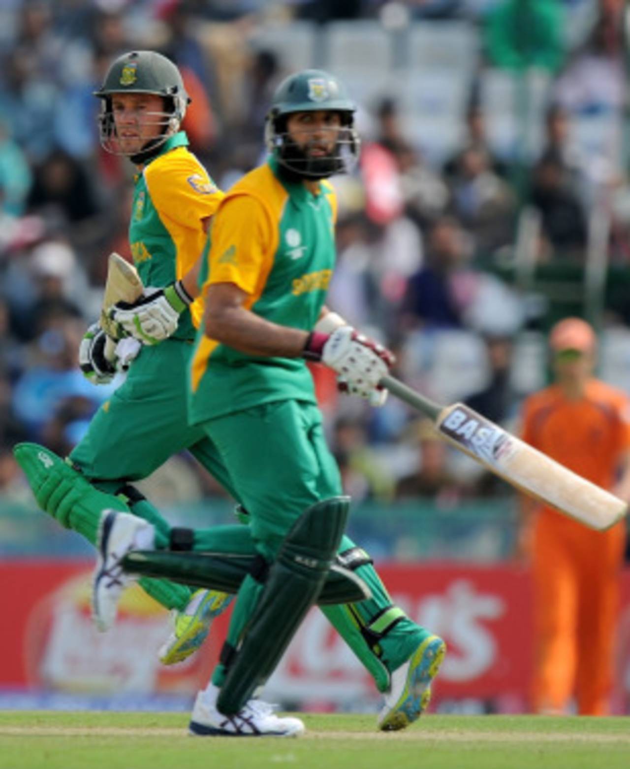 AB de Villiers and Hashim Amla take a run during their 221-run partnership, Netherlands v South Africa, World Cup 2011, Mohali, March 3, 2011