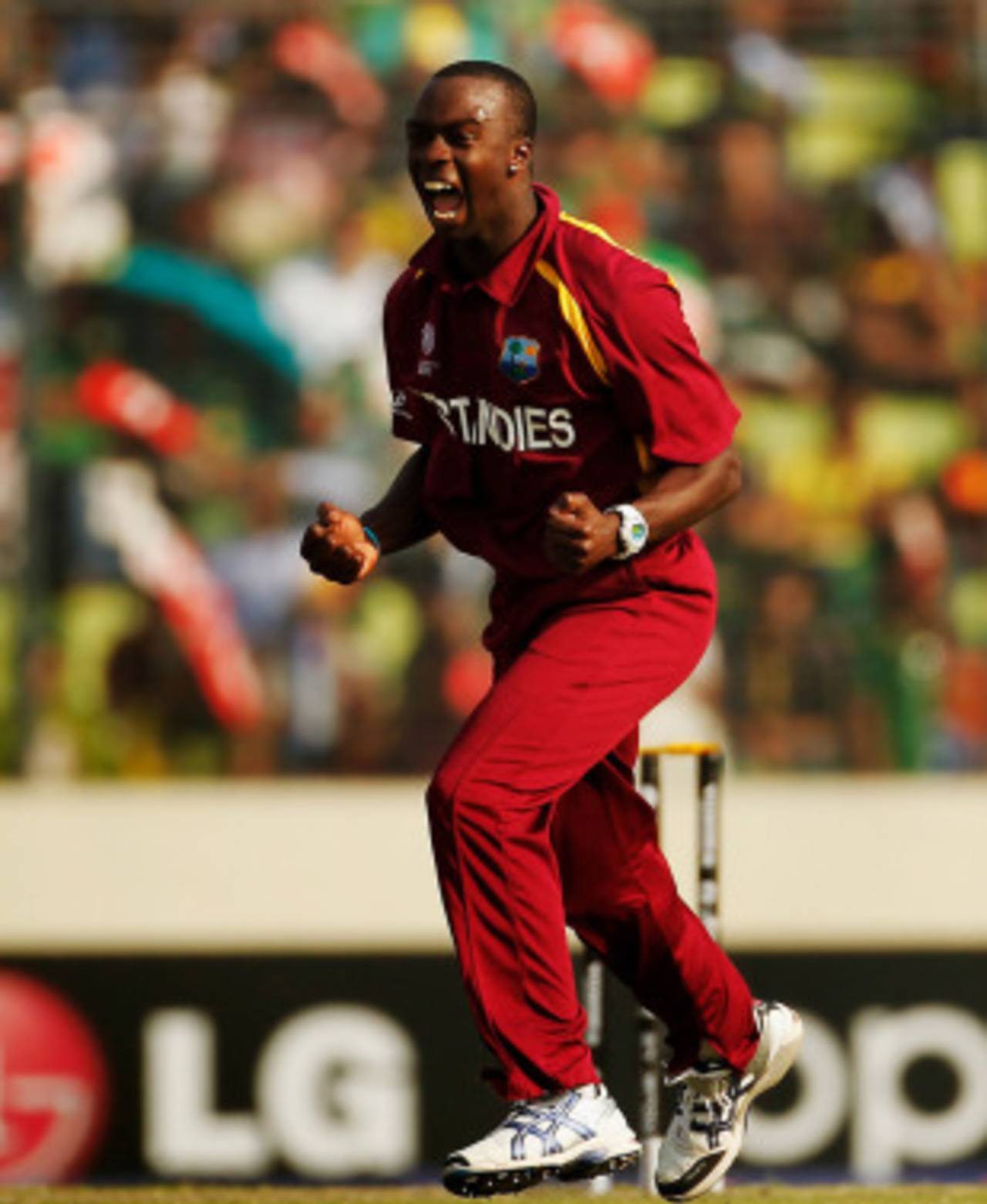 Kemar Roach roars after dismissing Mohammad Ashraful, Bangladesh v West Indies, Group B, World Cup 2011, Mirpur, March 4, 2011