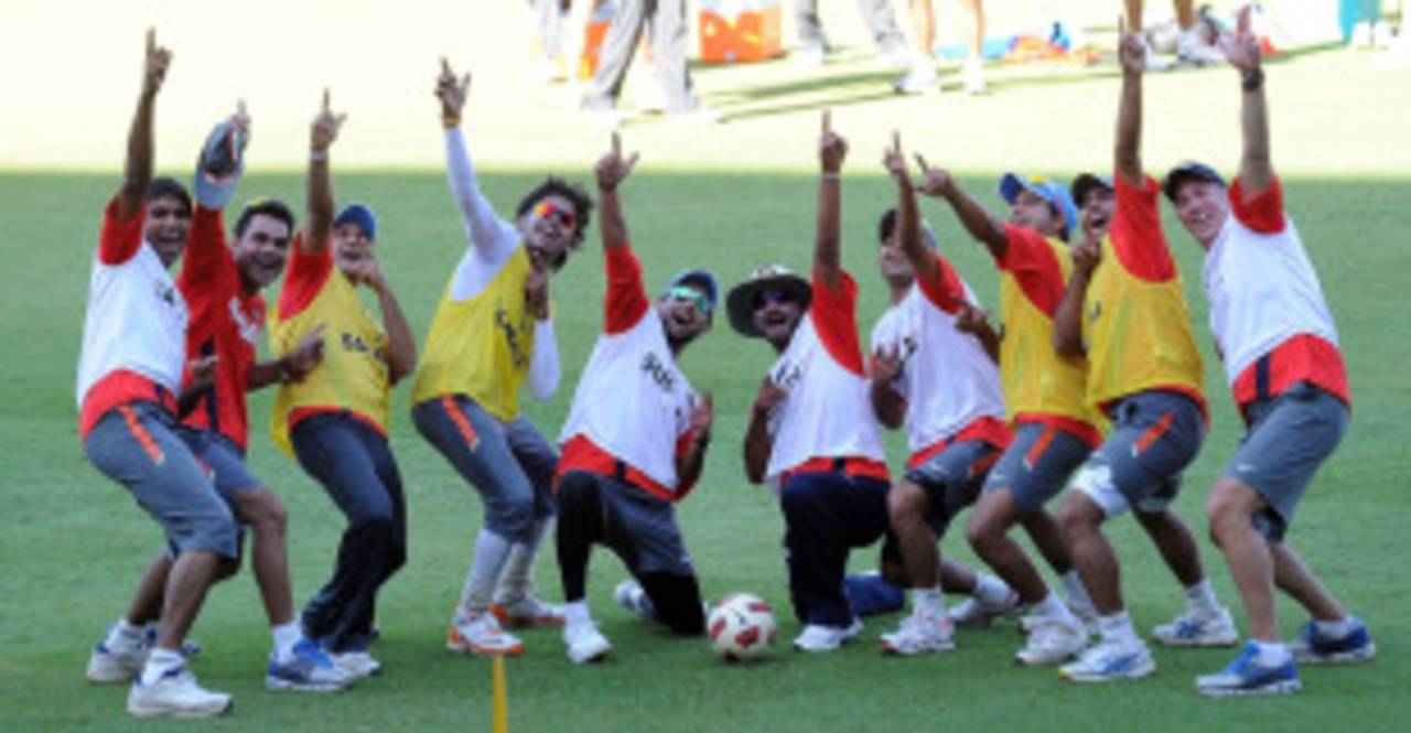 India players celebrate winning a warm-up football match during practice, Bangalore, March 4, 2011