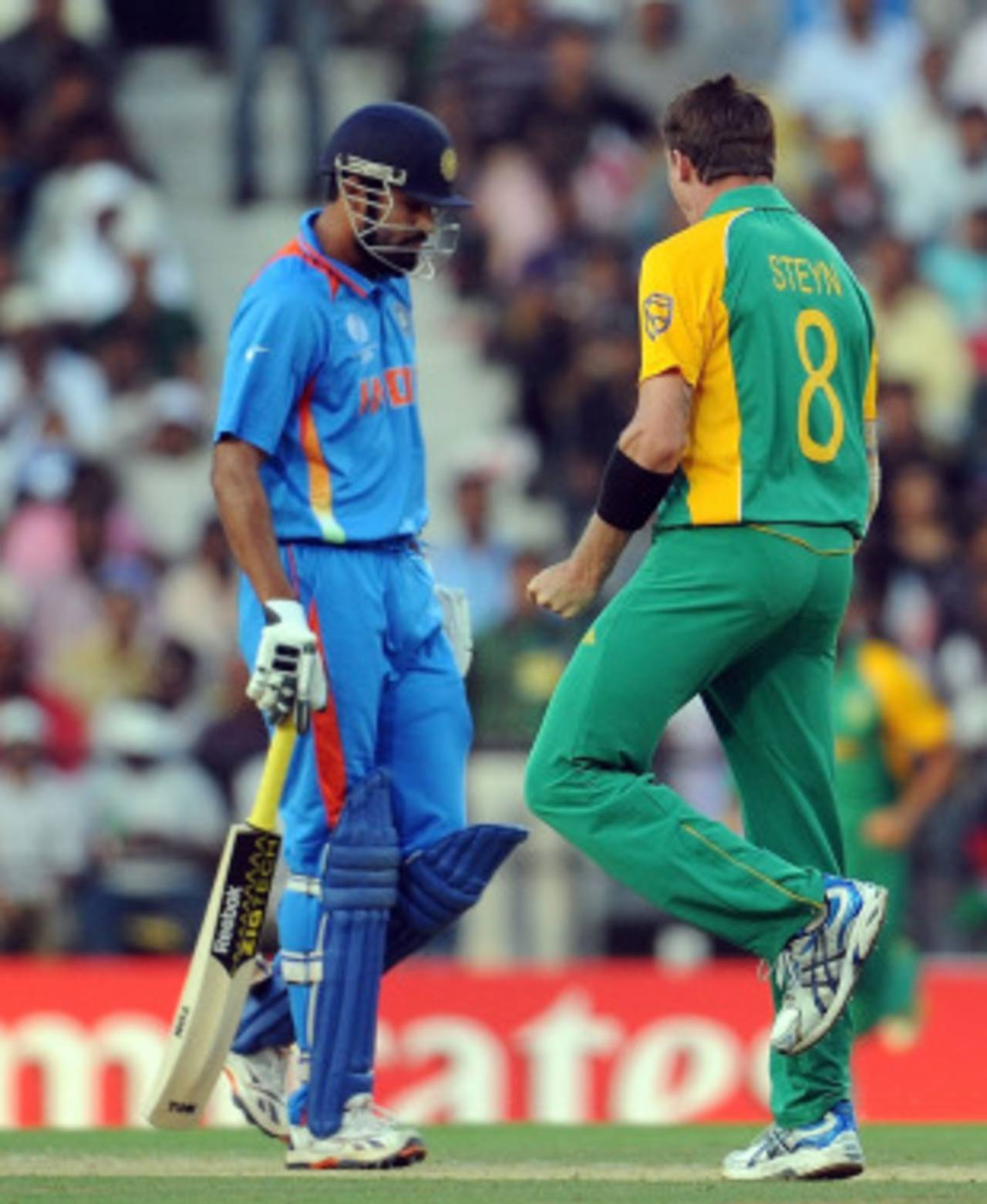 Dale Steyn is pumped after dismissing Yusuf Pathan for a duck, India v South Africa, Group B, World Cup, Nagpur, March 12, 2011