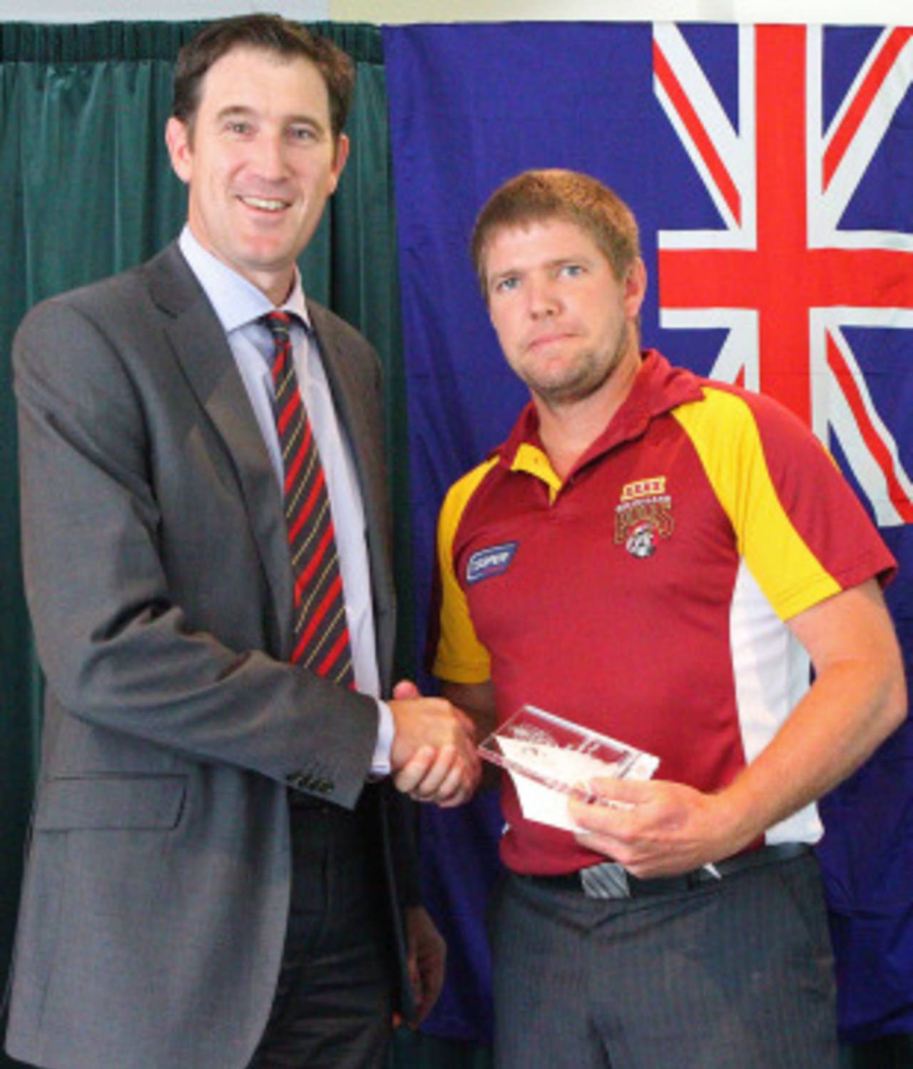 James Hopes receives the Sheffield Shield Player of the Series Award from Cricket Australia chief James Sutherland, March 15, 2011