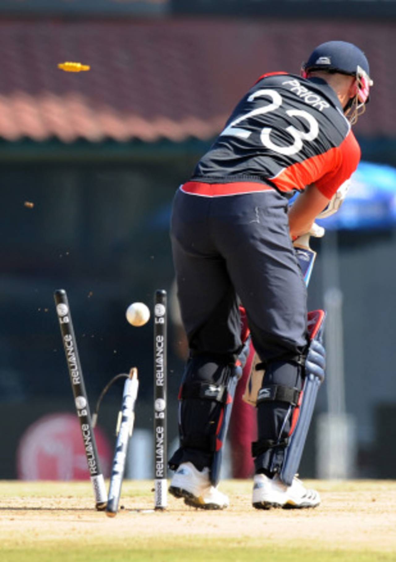 Matt Prior's good start ended abruptly when he lost his middle stump to Andre Russell, England v West Indies, World Cup, Group B, March 17, 2011