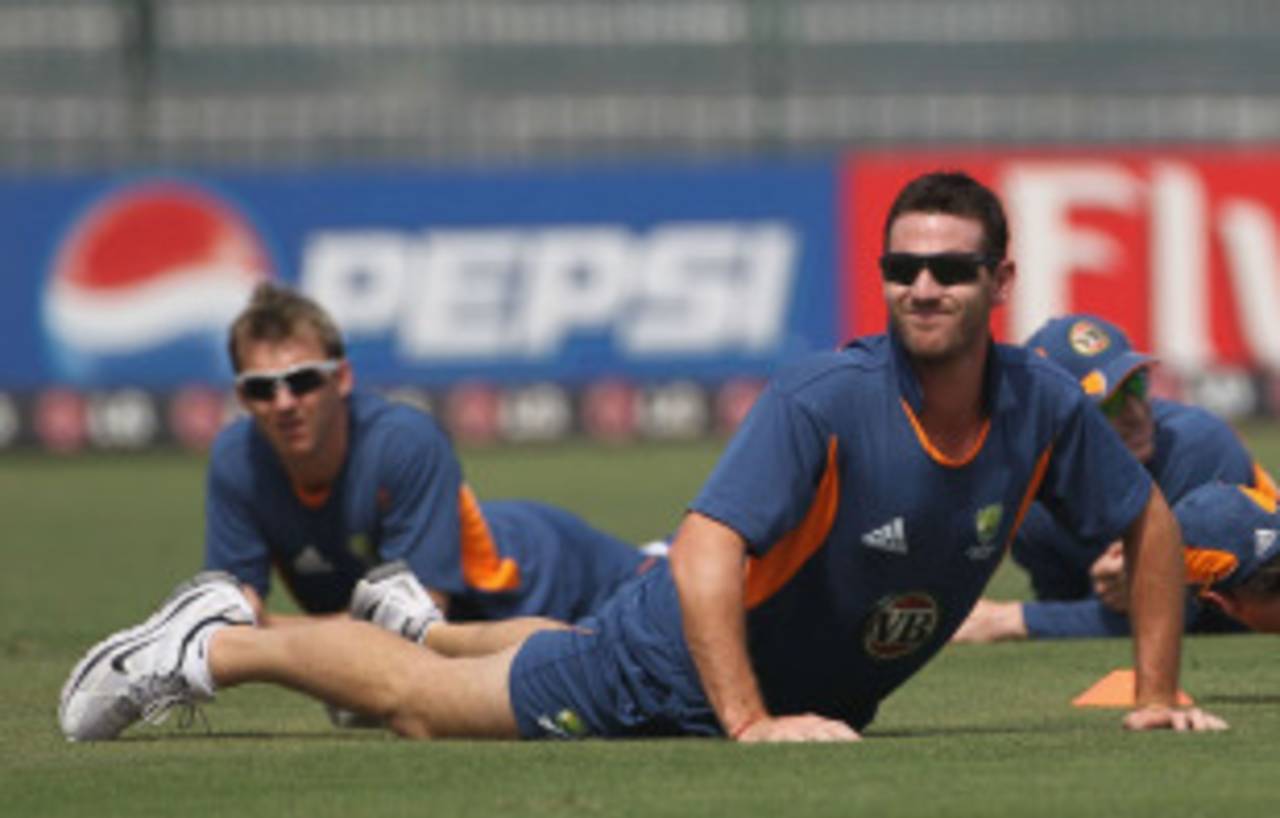 Shaun Tait warms up with his team-mates, Colombo, March 18, 2011