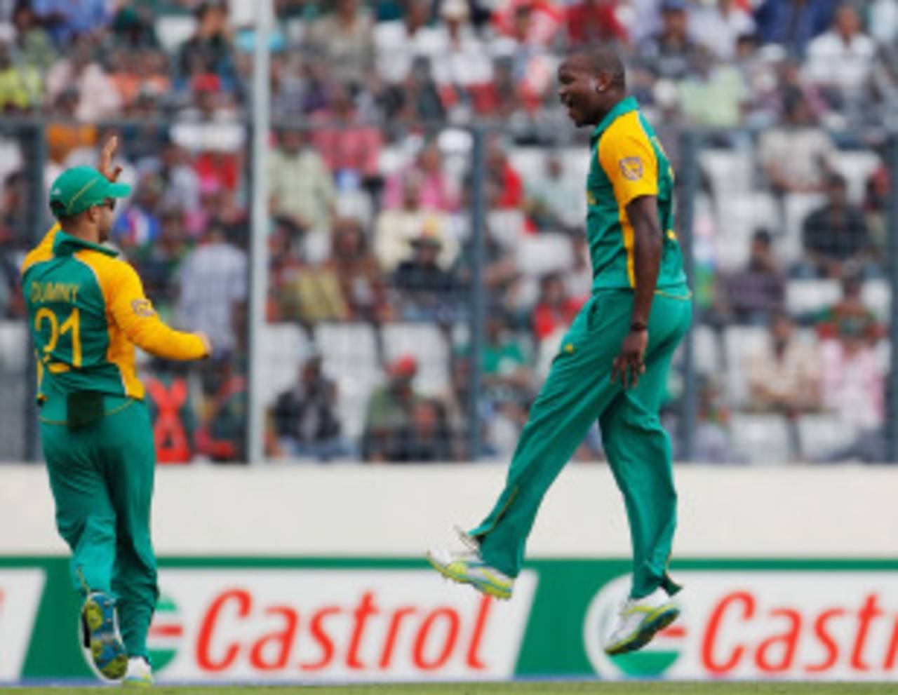 Lonwabo Tsotsobe is pumped after knocking over Imrul Kayes, Bangladesh v South Africa, Group B, World Cup 2011, Mirpur, March 19, 2011