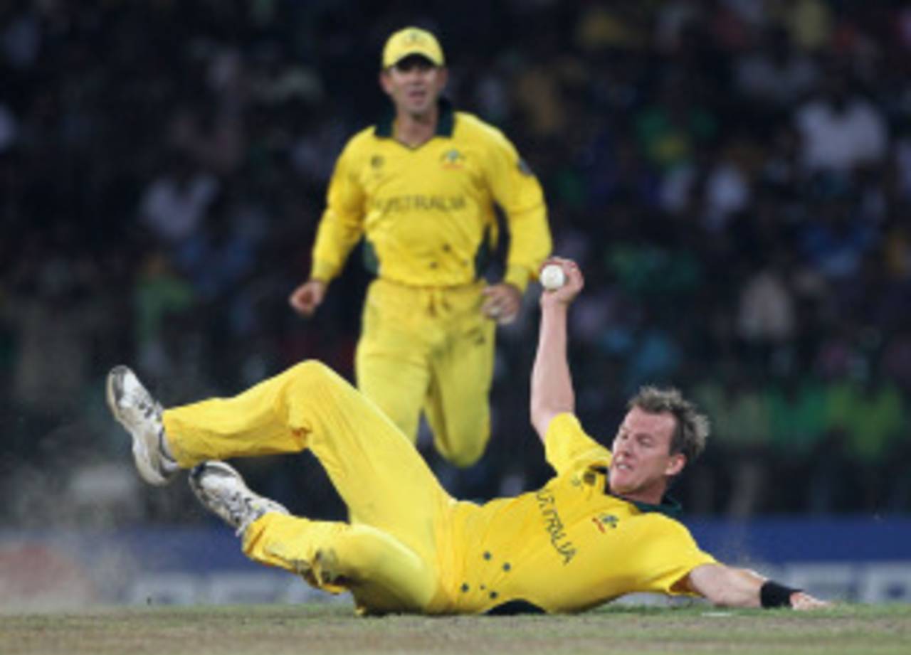 Brett Lee flung himself forward to claim an excellent return catch off Mohammad Hafeez, Australia v Pakistan, Group A, World Cup 2011, Colombo, March 19, 2011