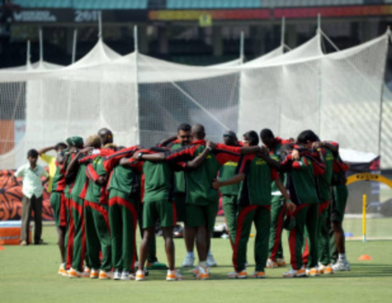 Kenya get into a huddle during practice ahead of their World Cup match against Zimbabwe, Kolkata, March 19, 2011