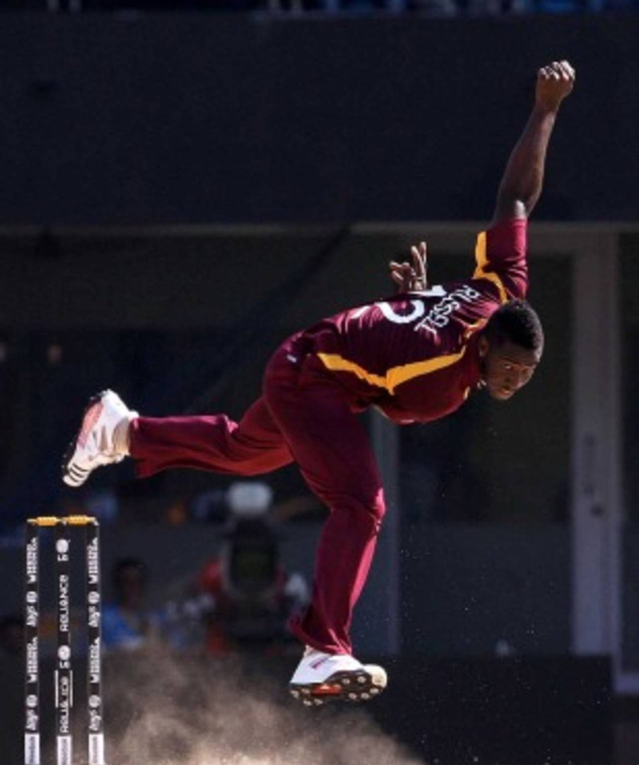 Andre Russell sends one down, India v West Indies, Group B, World Cup 2011, Chennai, March 20, 2011