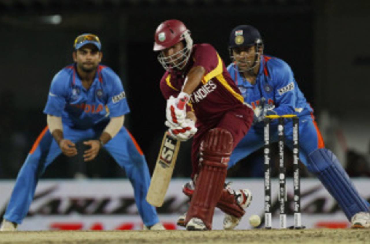 Ramnaresh Sarwan plays a defensive stroke, India v West Indies, Group B, World Cup 2011, March 20, 2011