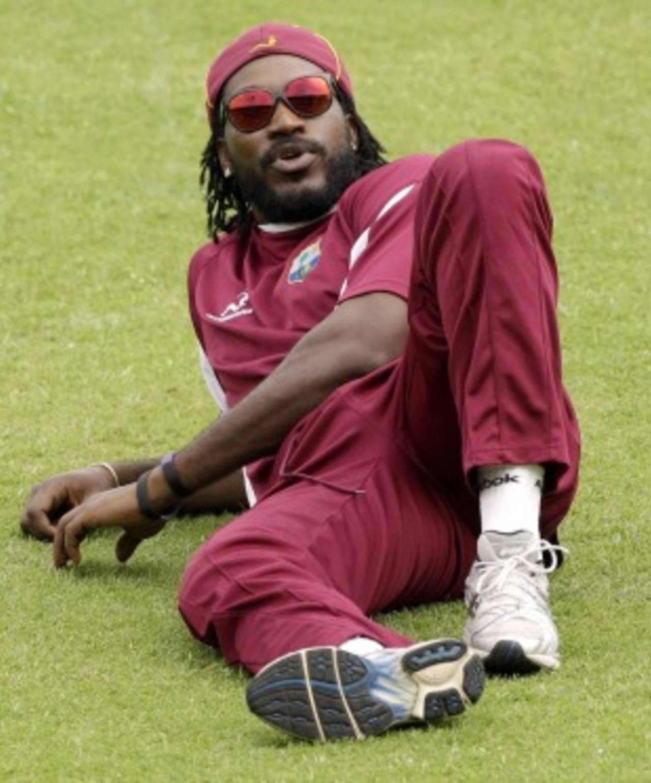 Chris Gayle relaxes during a training session on the eve of West Indies' quarter-final against Pakistan, World Cup, Mirpur, March 22, 2011