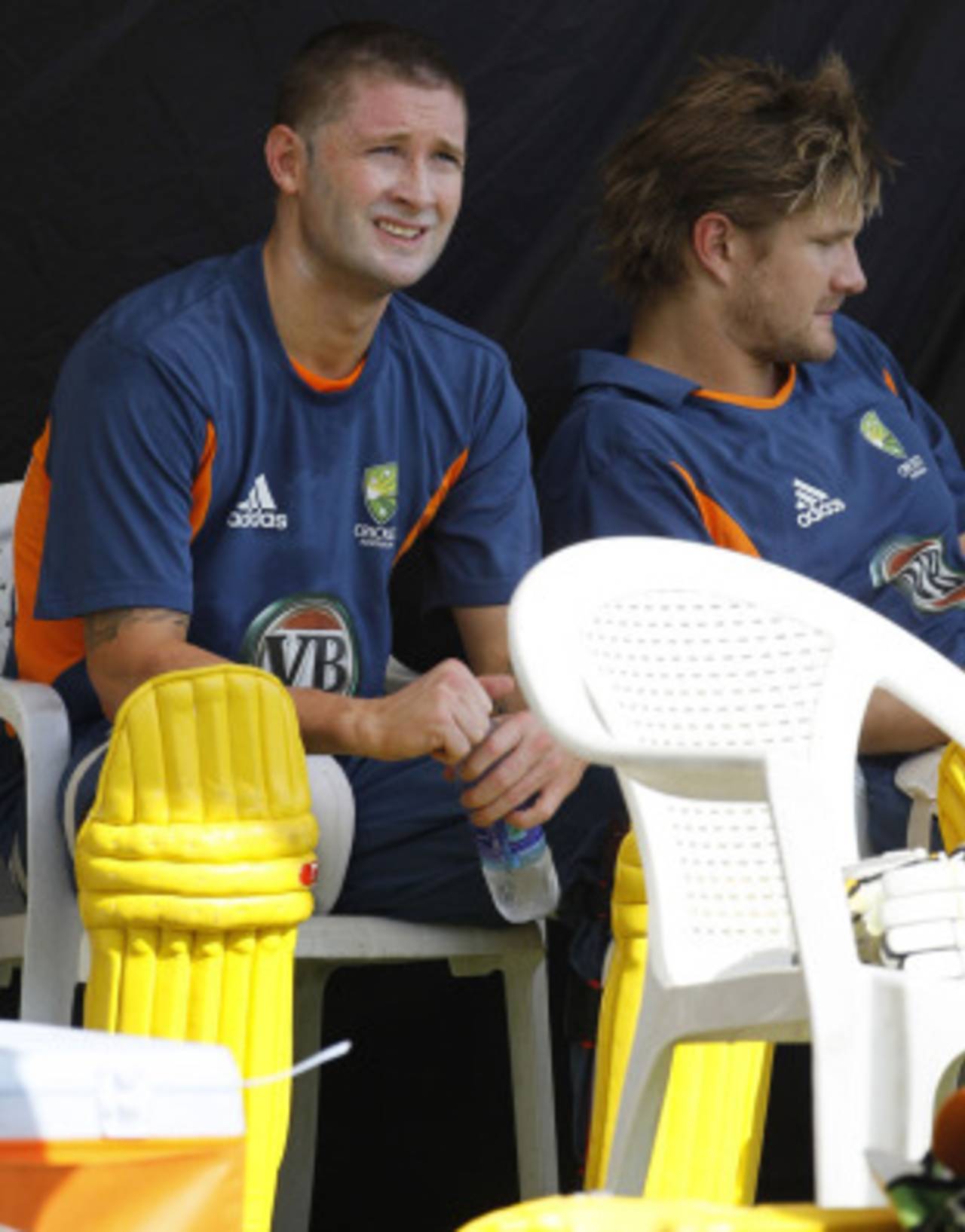 Michael Clarke and Shane Watson await their turn to bat during practice, Ahmedabad, March 22, 2011