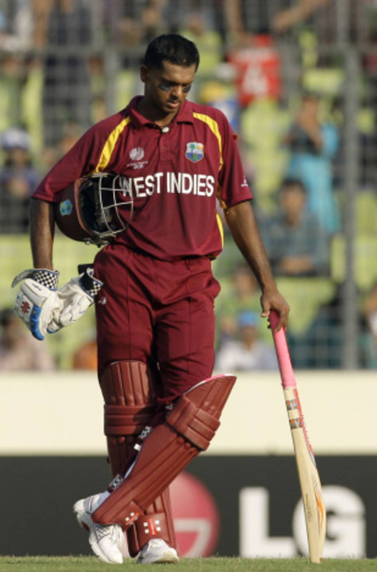 Shivnarine Chanderpaul looks dejected as wickets tumble at the other end, West Indies v Pakistan, 1st quarter-final, World Cup 2011, March 23, 2011