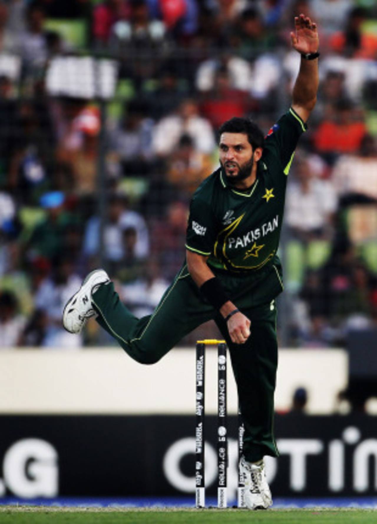 Shahid Afridi after his delivery stride, West Indies v Pakistan, 1st quarter-final, World Cup 2011, March 23, 2011