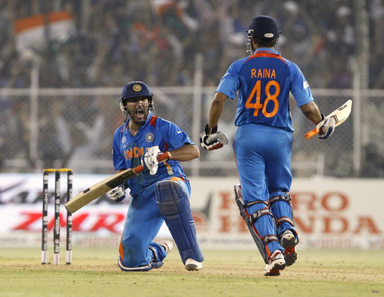 Yuvraj Singh roars after taking India to victory, India v Australia, 2nd quarter-final, Ahmedabad, World Cup 2011, March 24, 2011