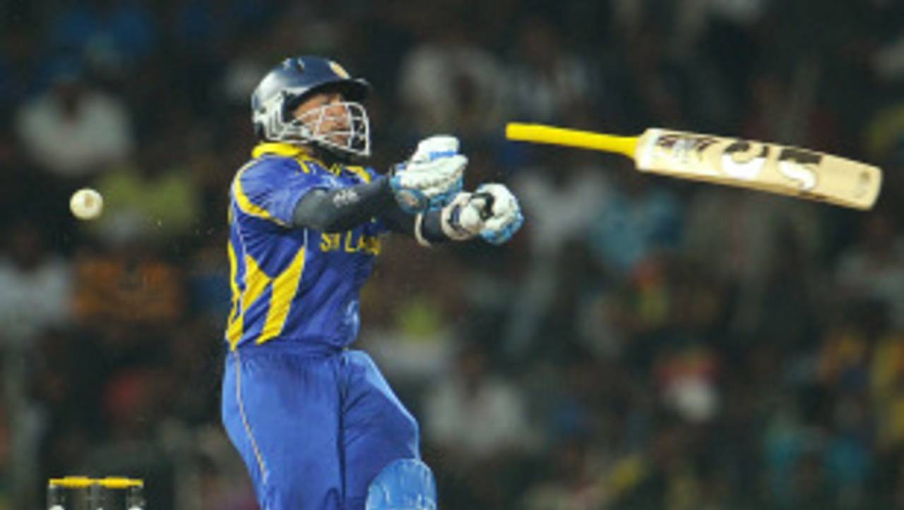 There she goes: Tillakaratne Dilshan lost the grip on his bat, Sri Lanka v England, 4th quarter-final, World Cup 2011, Colombo, March 26 2011