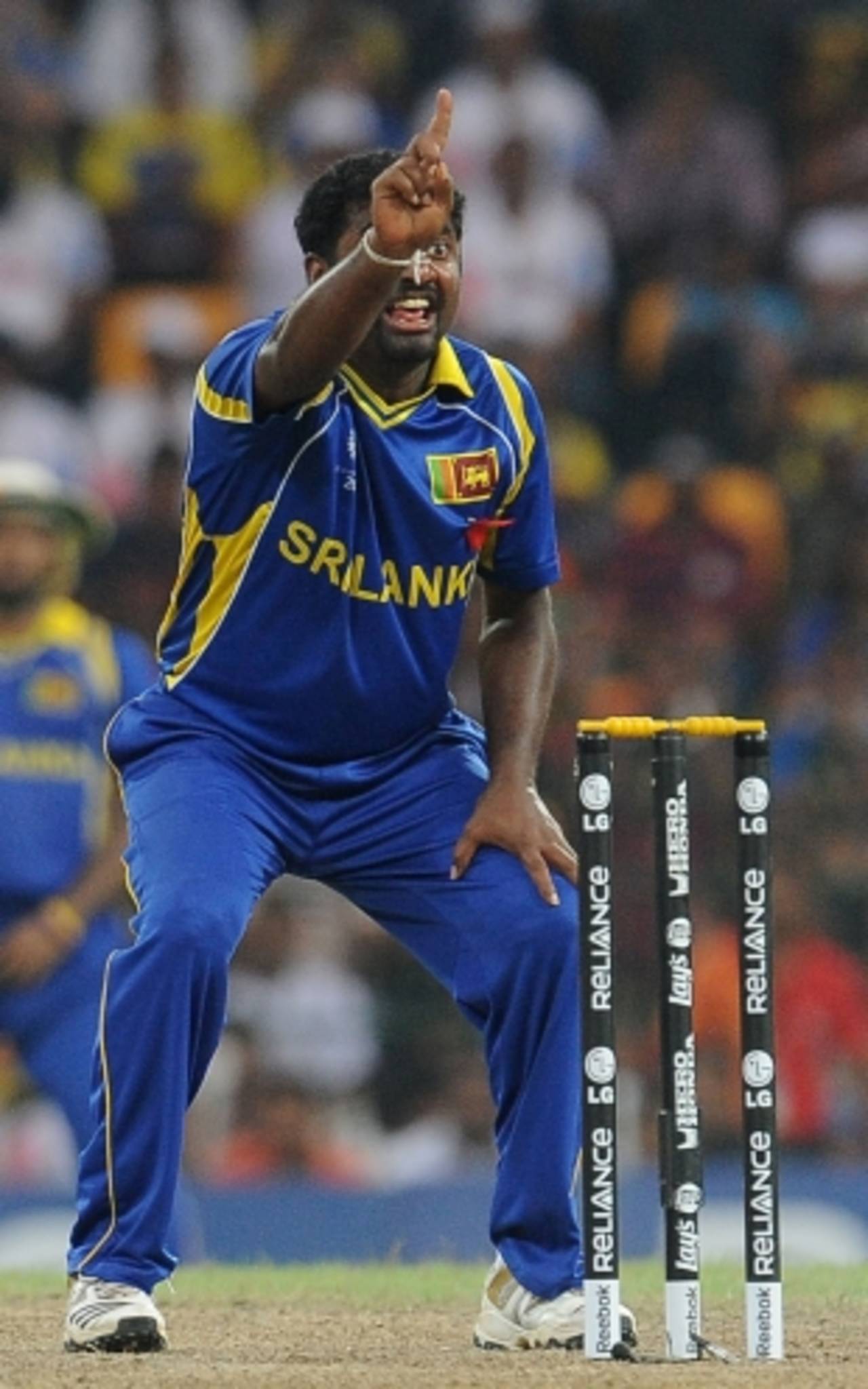 Muttiah Muralitharan removed Scott Styris lbw with his last ball of the match in his final home international, Sri Lanka v New Zealand, 1st semi-final, World Cup 2011, Colombo, March 29, 2011