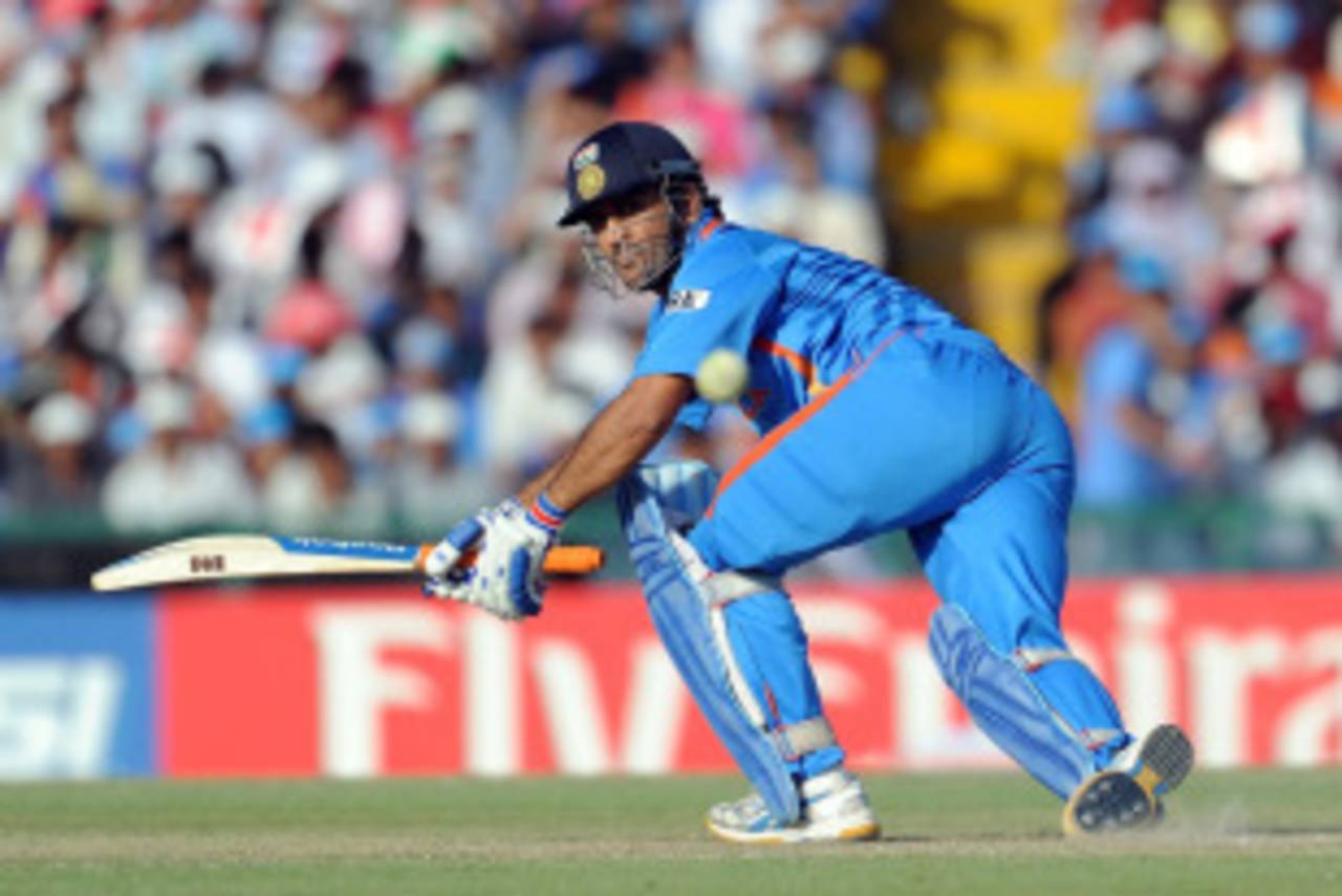 MS Dhoni plays one to fine leg during his knock of 25, India v Pakistan, 2nd semi-final, World Cup 2011, Mohali, March 30, 2011