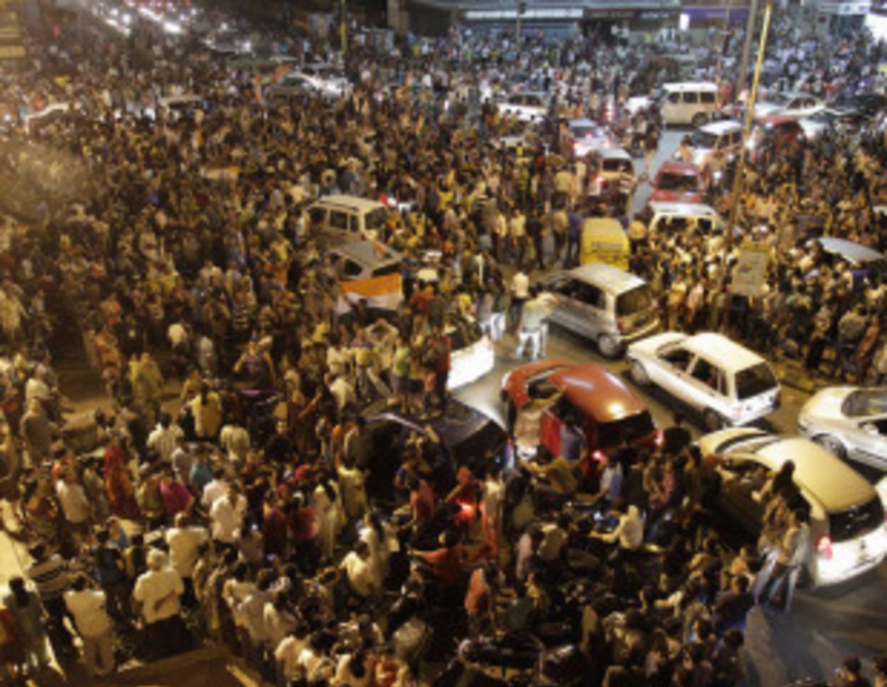 Jubilant scenes on an Ahmedabad street after India's victory, Ahmedabad, March 30, 2011