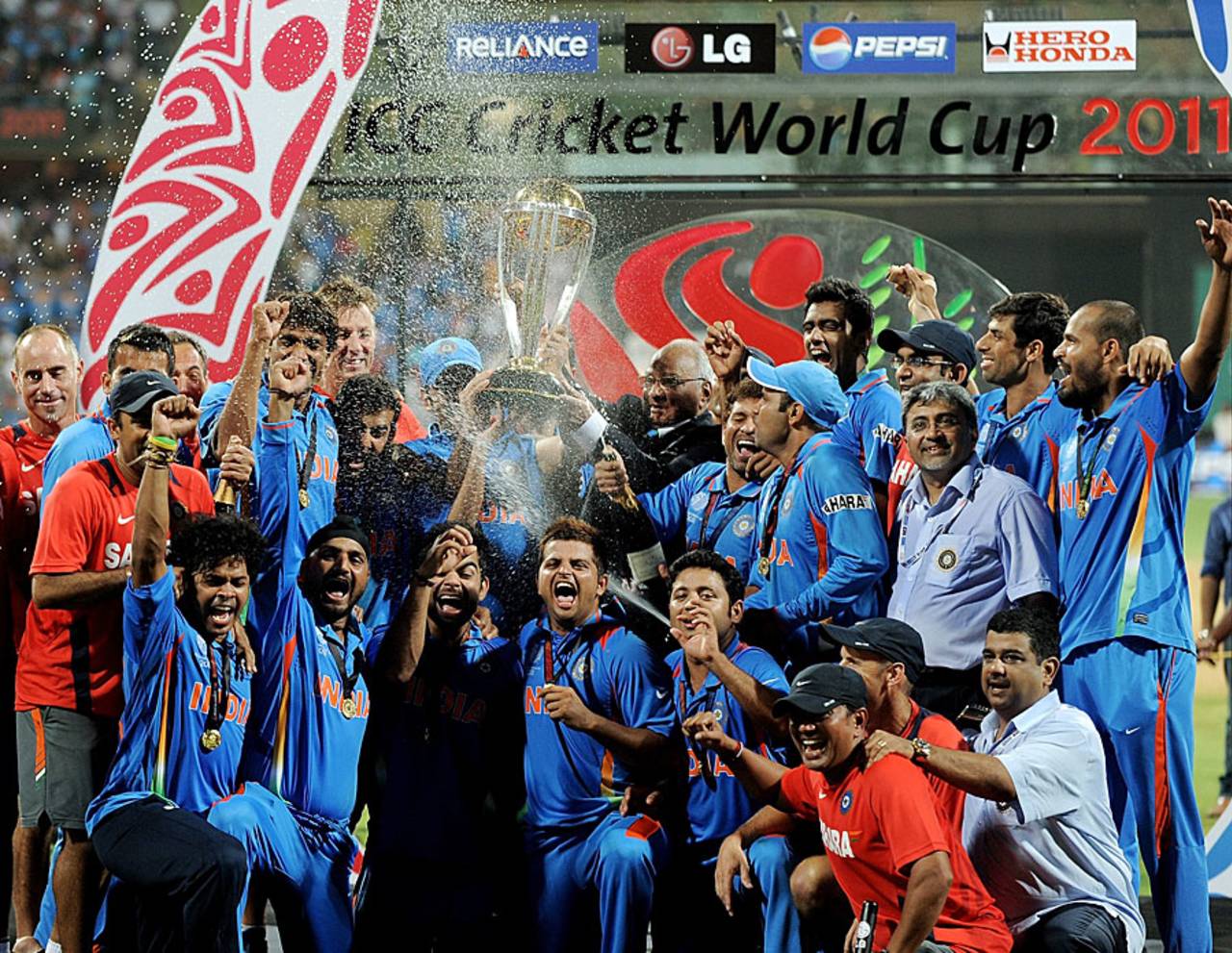 The Indian team celebrates with the Cup that counts, India v Sri Lanka, final, World Cup 2011, Mumbai, April 2, 2011