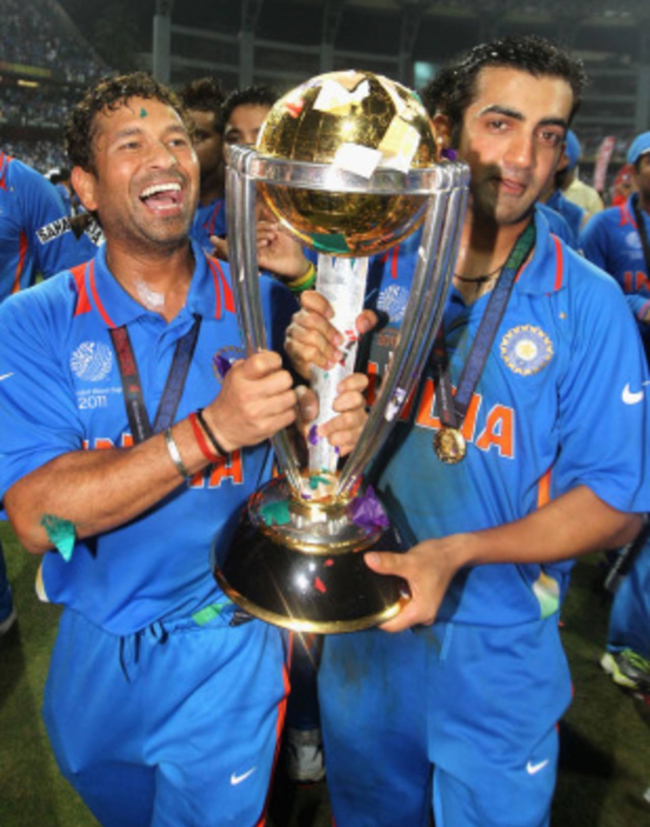 Sachin Tendulkar and Gautam Gambhir walk with the trophy, India v Sri Lanka, final, World Cup 2011, Mumbai, April 2, 2011