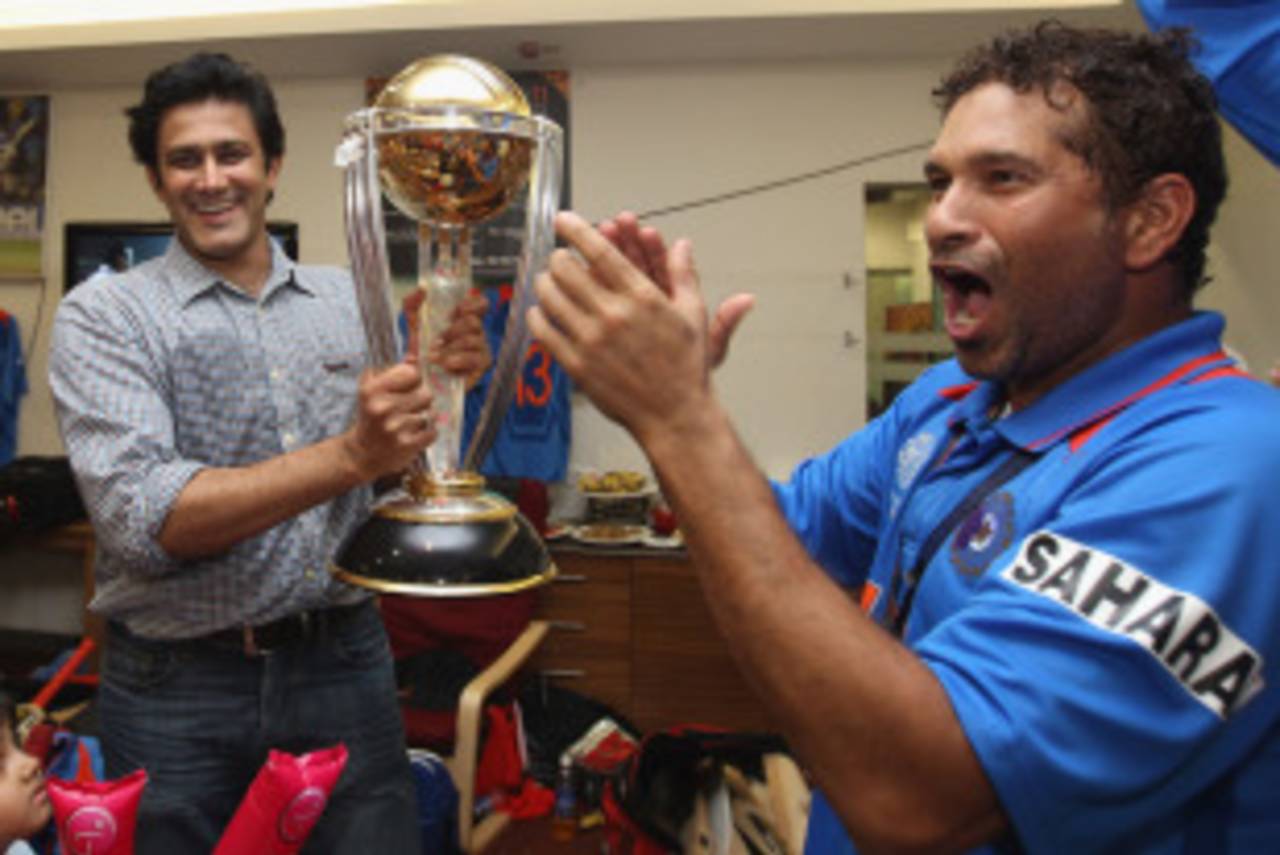 Anil Kumble, who was part of four unsuccessful World Cup campaigns, is given a chance to hold the trophy, India v Sri Lanka, final, World Cup 2011, Mumbai, April 2, 2011