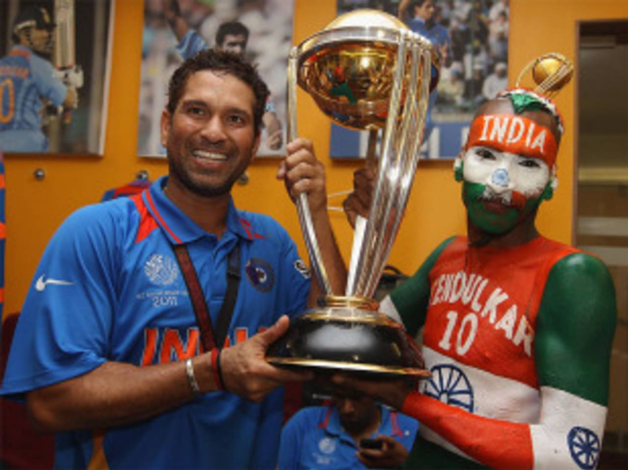 The night of his life: Sudhir Gautam makes it to the India dressing room after the World Cup win in 2011&nbsp;&nbsp;&bull;&nbsp;&nbsp;Getty Images