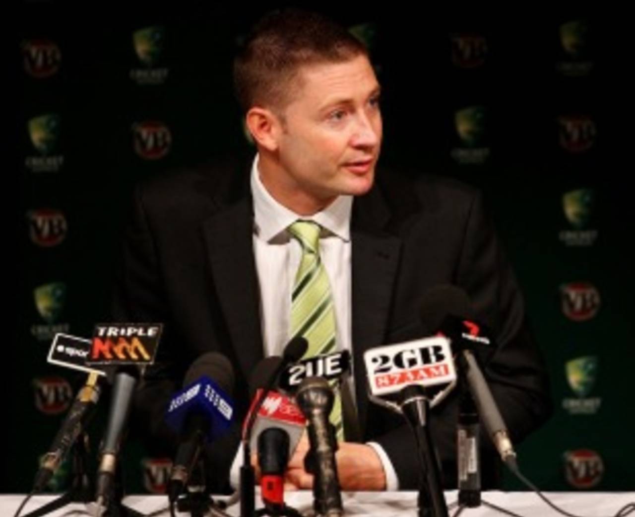 Michael Clarke speaks to reporters prior to leaving for Bangladesh, April 4, 2011