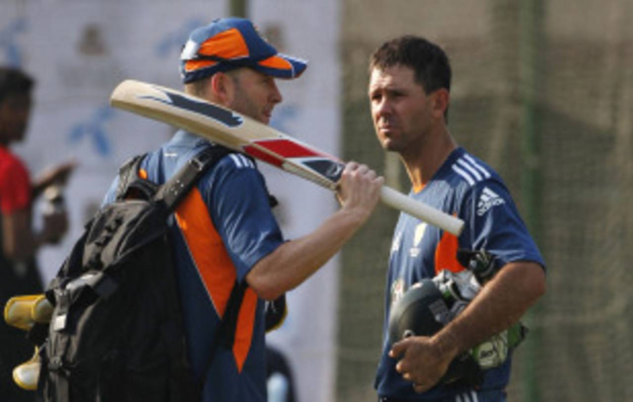 Michael Clarke and Ricky Ponting arrive for training, Dhaka, April 6, 2011