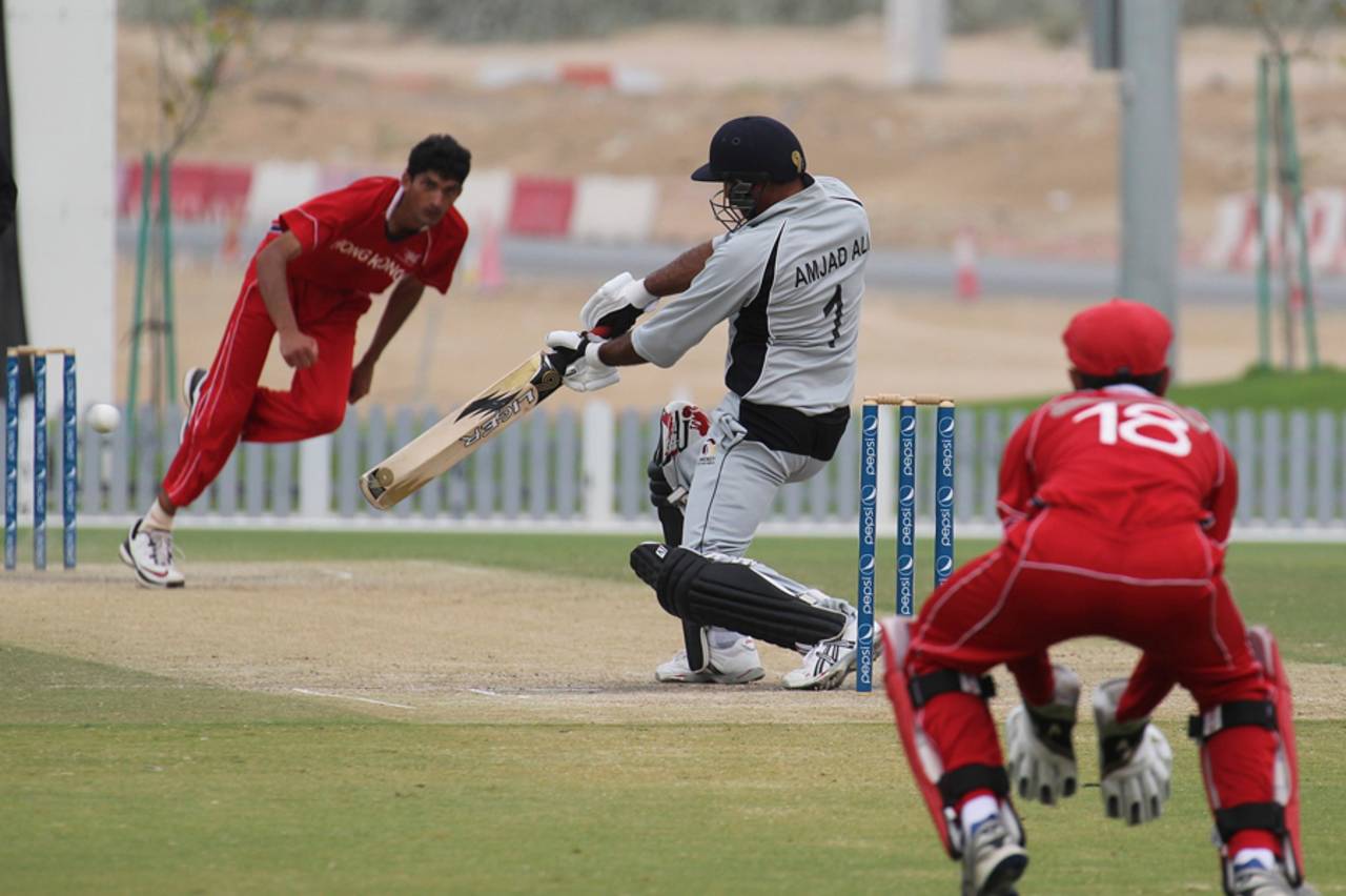 UAE's Amjad Ali carves a boundary off Adil Mehmood during his innings of 69 in the ICC WCL2 match against Hong Kong played at the ICC GCA ground on 11th April 2011
