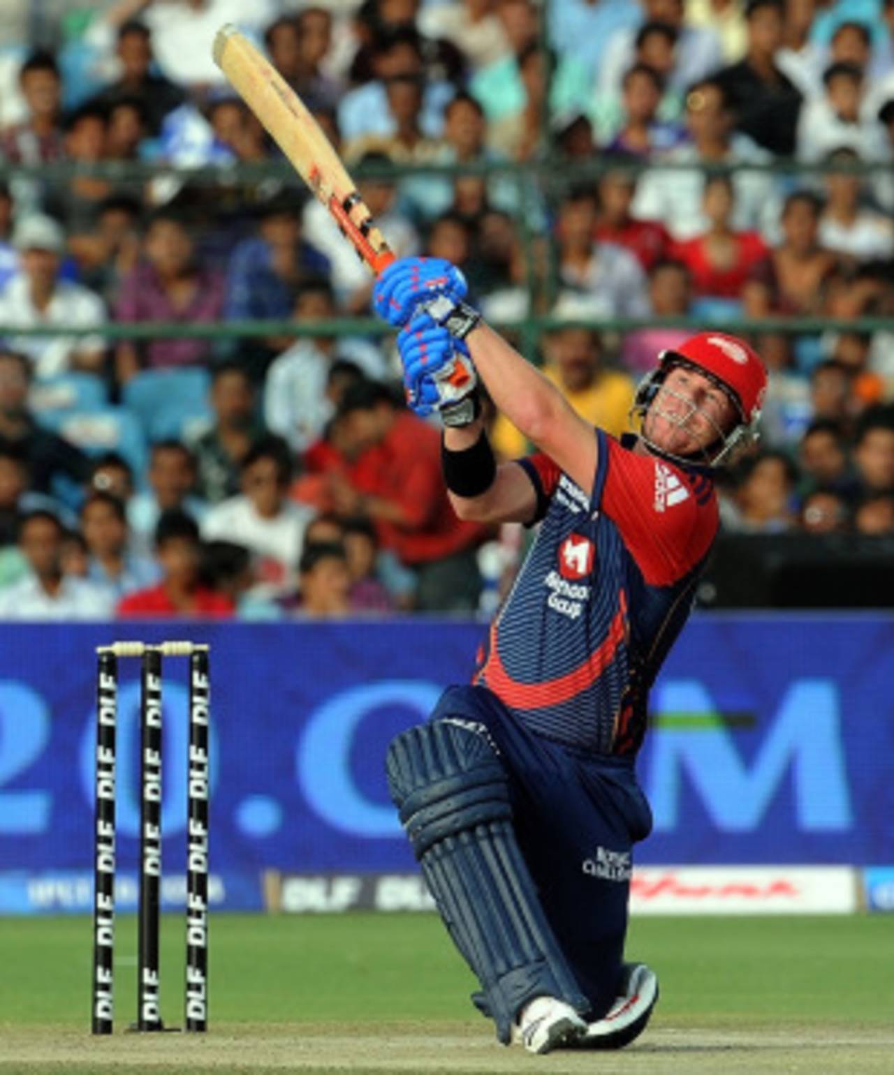 David Warner plays a slog-sweep, Rajasthan Royals v Delhi Daredevils, IPL 2011, Jaipur, April 12, 2011