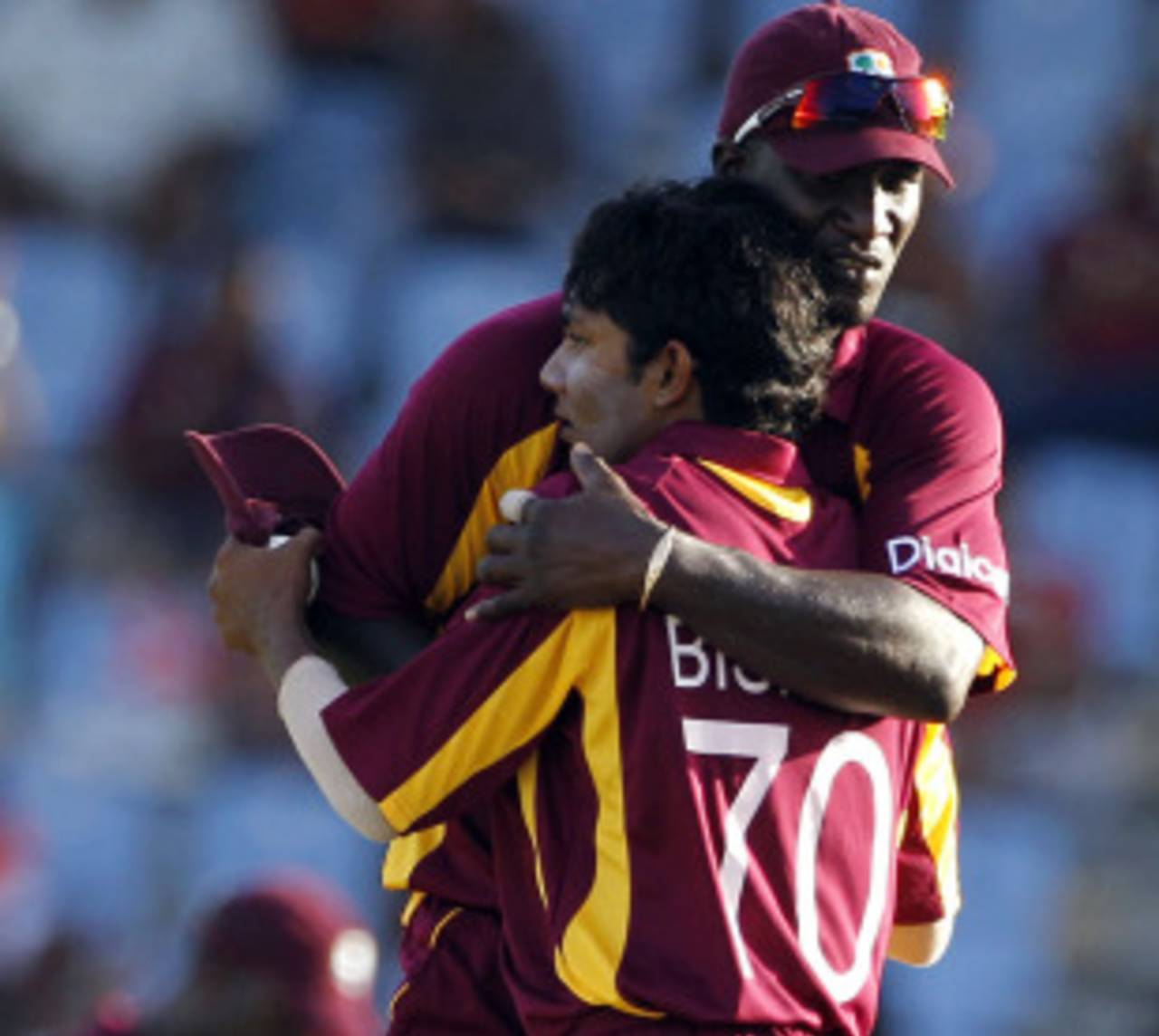 West Indies captain Darren Sammy hugs legspinner Devendra Bishoo who picked up four wickets, West Indies v Pakistan, Only Twenty20, St Lucia, April 21, 2010
