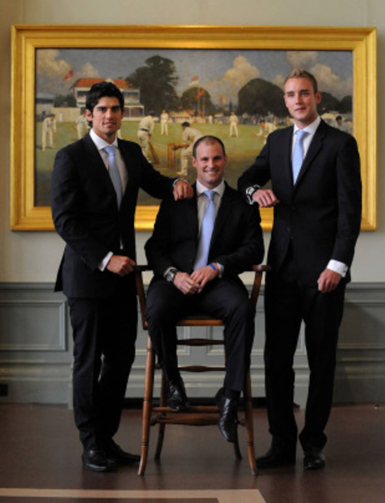 Alastair Cook, Andrew Strauss and Stuart Broad, England's captains in the game's three formats, at Lord's, London, May 5, 2011