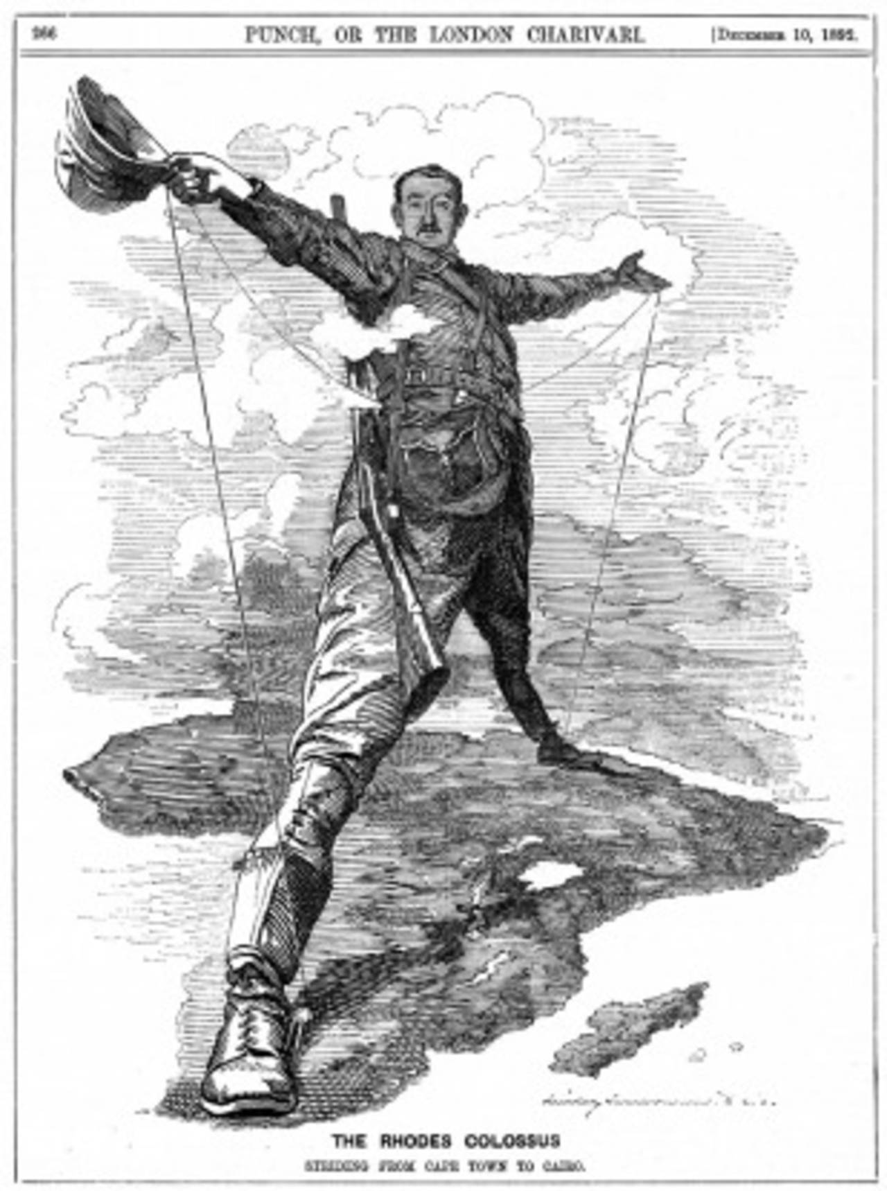 British colonial statesman and financier Cecil John Rhodes, who made a fortune from mining diamonds in South Africa and used his wealth to extend the British rule there. In 1890 he was made prime minister of Cape Colony. The area that was called Rhodesia (now Zimbabwe) was named after him, Punch magazine, December 10, 1892