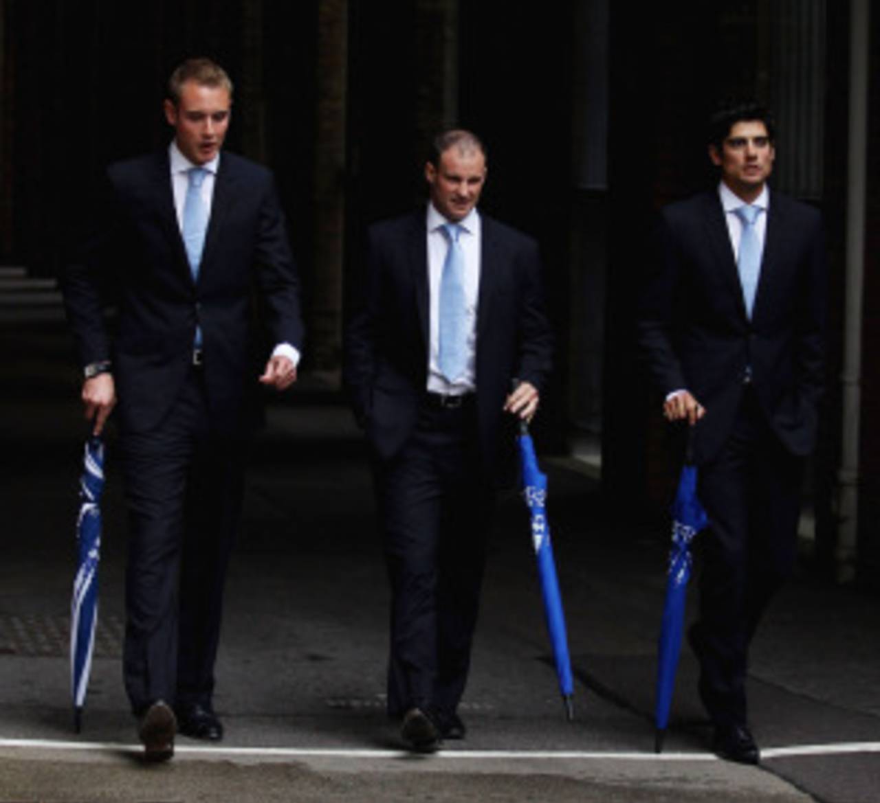 Alastair Cook, Andrew Strauss and Stuart Broad, England's three captains, walk out from a press conference at Lord's, May 5, 2011