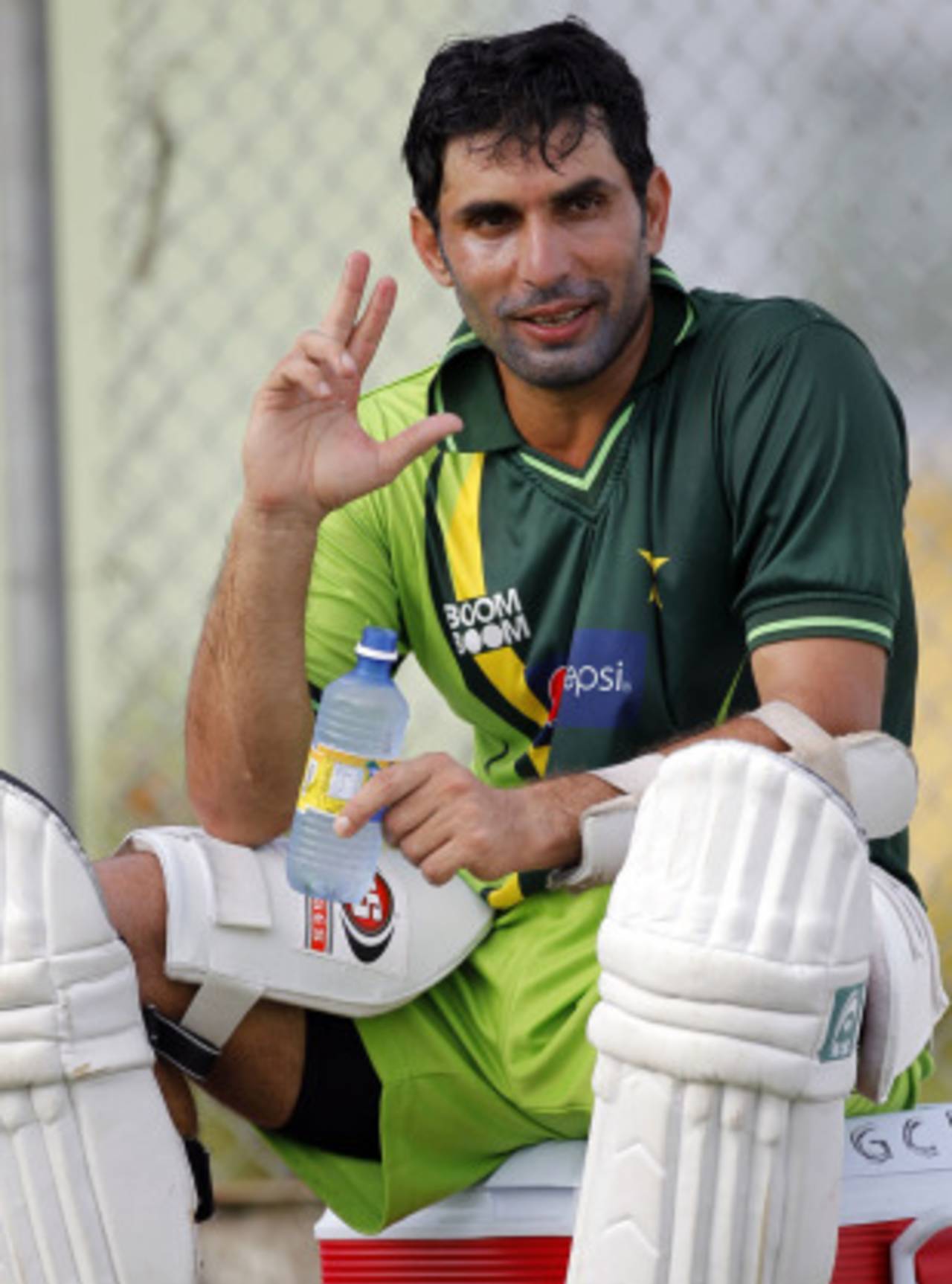 Misbah-ul-Haq takes a breather during nets, Georgetown, May 10, 2011