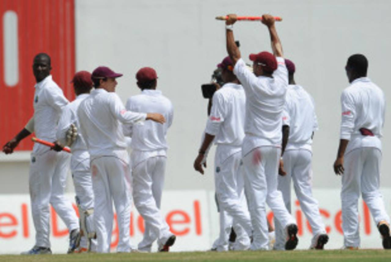 Darren Sammy leads his team off the field after their win, West Indies v Pakistan, 1st Test, Providence, 4th day, May 15, 2011