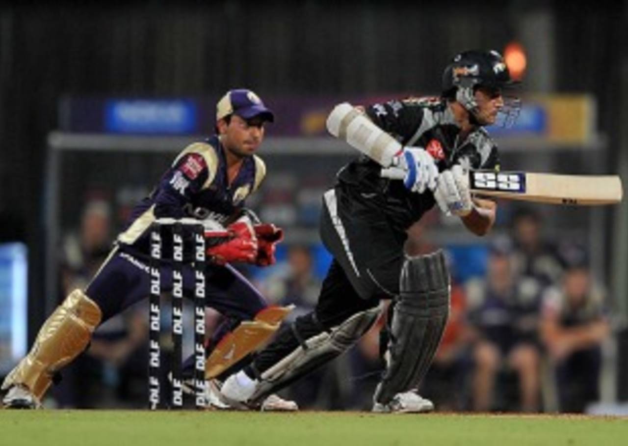 Sourav Ganguly pushes one into the off side, Pune Warriors v Kolkata Knight Riders, IPL 2011, Navi Mumbai, May 19, 2011