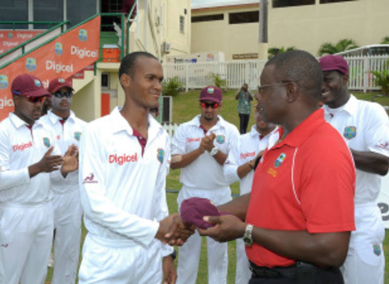 Richie Richardson presents Kraigg Brathwaite with his cap, West Indies v Pakistan, 2nd Test, 1st day, St Kitts, May 20, 2011